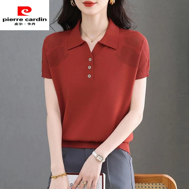 冰丝短袖t恤女夏季2025年新款妈妈夏装半袖薄款polo领上衣针织衫