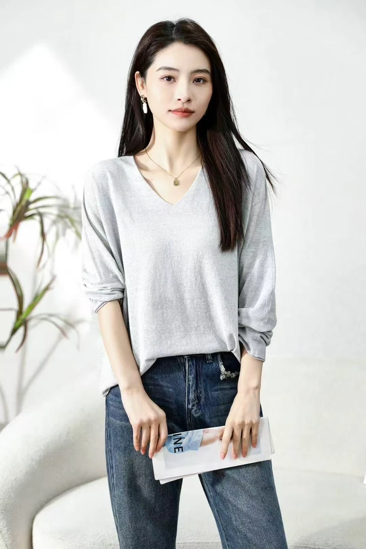 V领韩版毛衣纯色毛针织衫女装肌理感针织T恤极简风2722