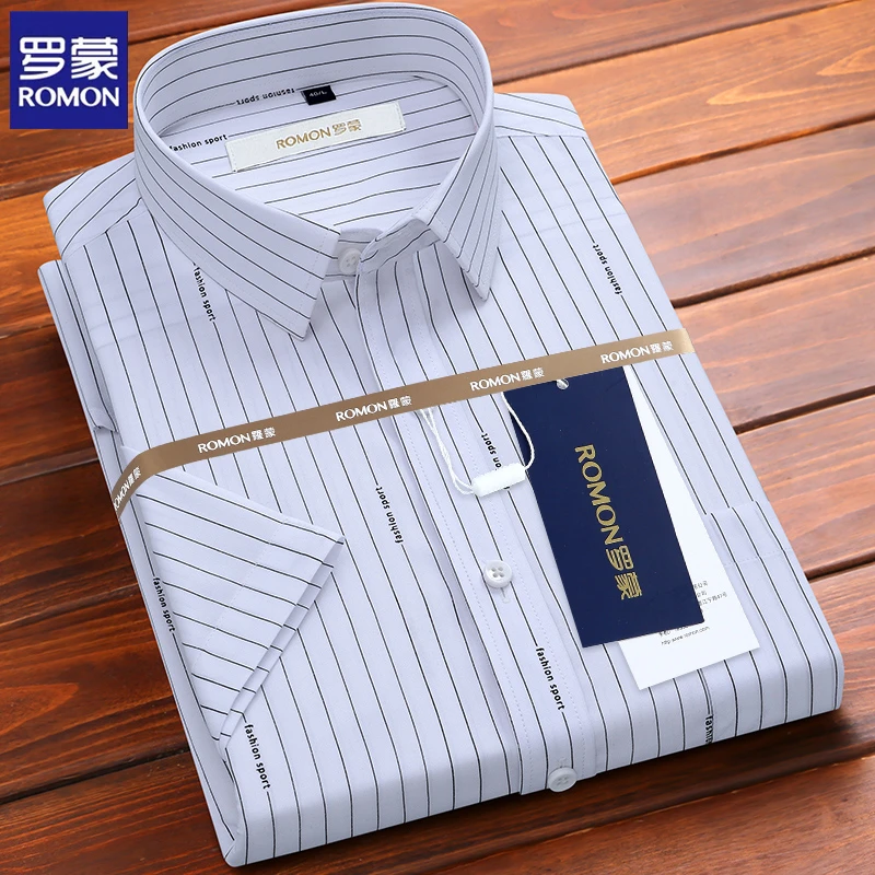 罗蒙竹纤维短袖男士商务衬衣夏季中年职业印花条纹抗皱垂感白衬衫
