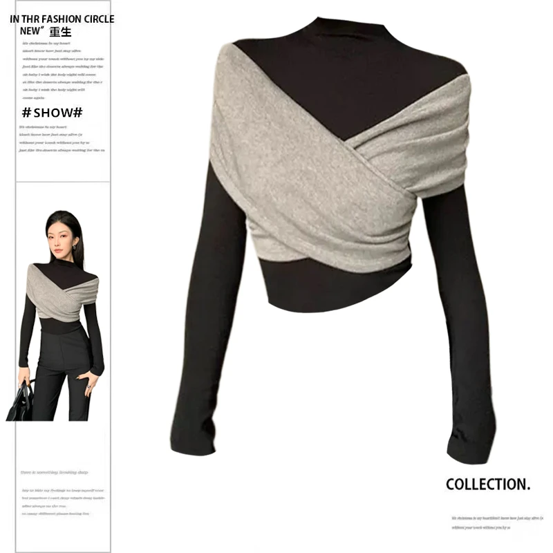 大码胖妹妹高级感法式撞色半高领长袖上衣女秋冬季修身显瘦打底衫