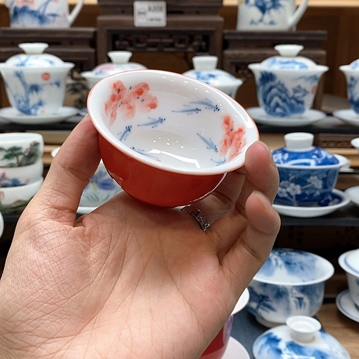 手绘龙船花压手杯85cc釉下彩微瑕福利款