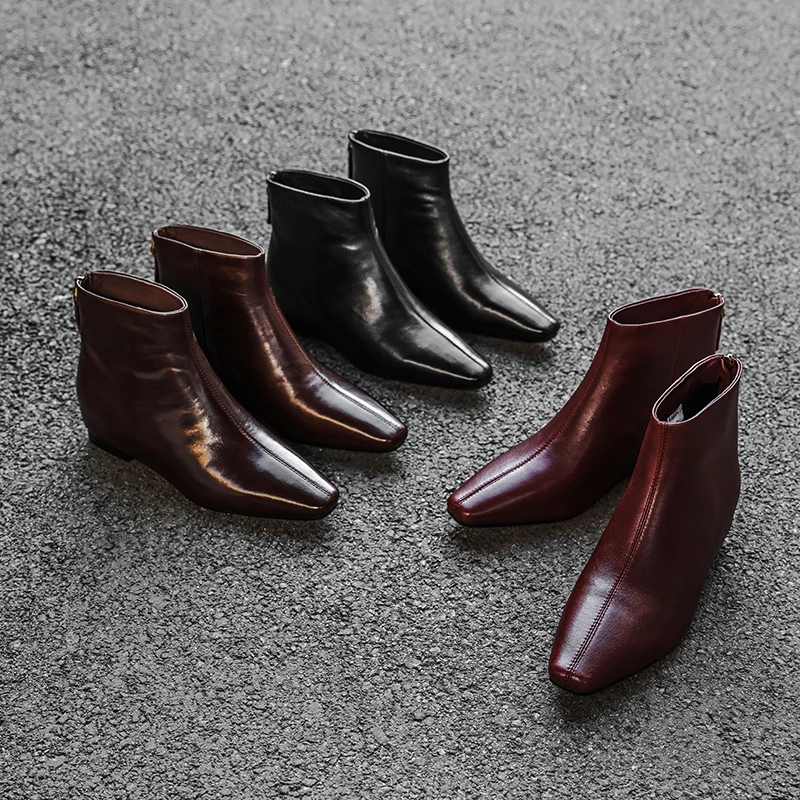 卡卡妮亚 方头时尚真皮短靴女秋冬2025新款酒红色冬季内增高靴子