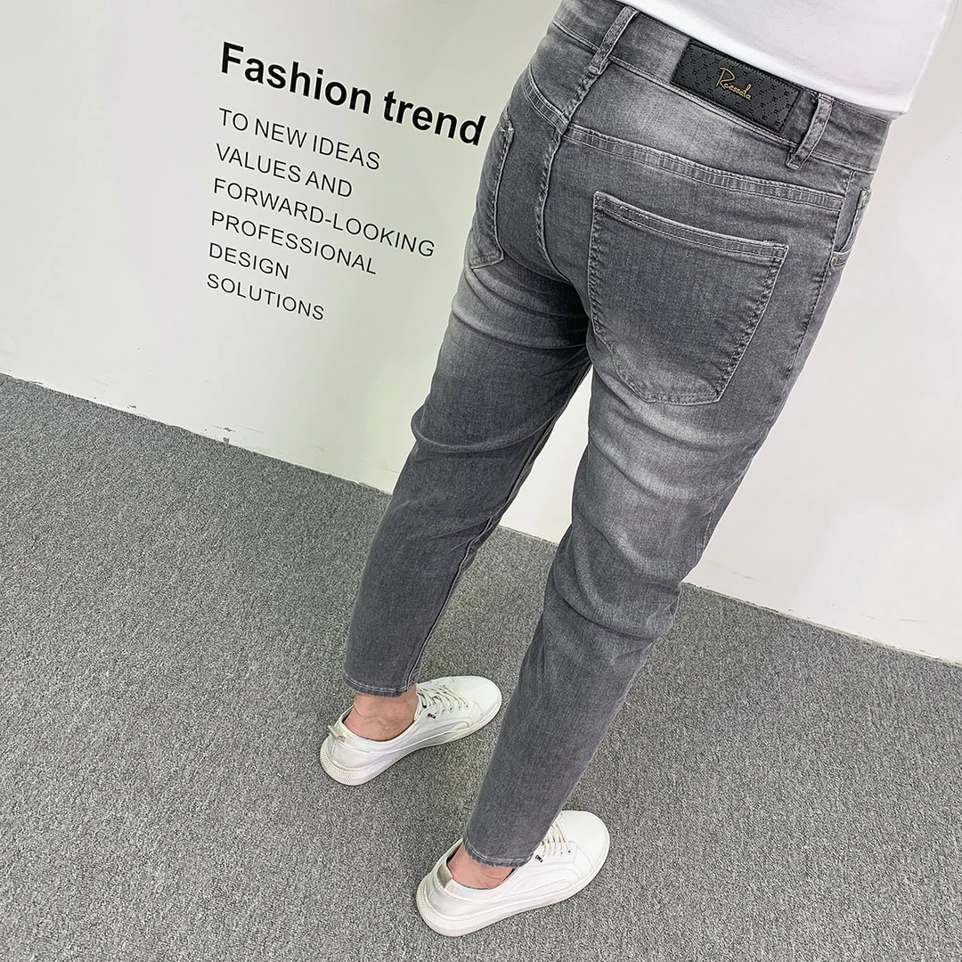 水洗灰色九分牛仔裤男2025新款潮流简约修身百搭韩版弹力小脚裤