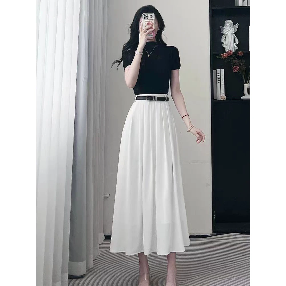 2025夏季法式高级感气质短袖上衣高腰时尚中长款A字半身裙两件套