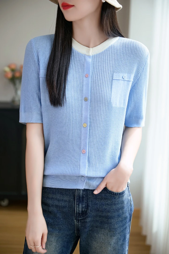 新款女装圆领减龄短袖夏季提花毛针织衫女装百搭薄款修身开衫