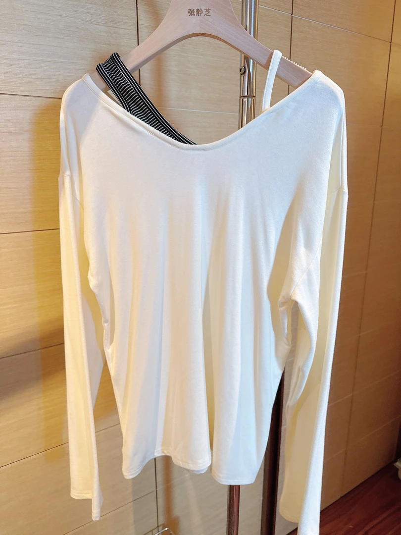 【张静芝】不规则吊带拼接长袖T恤