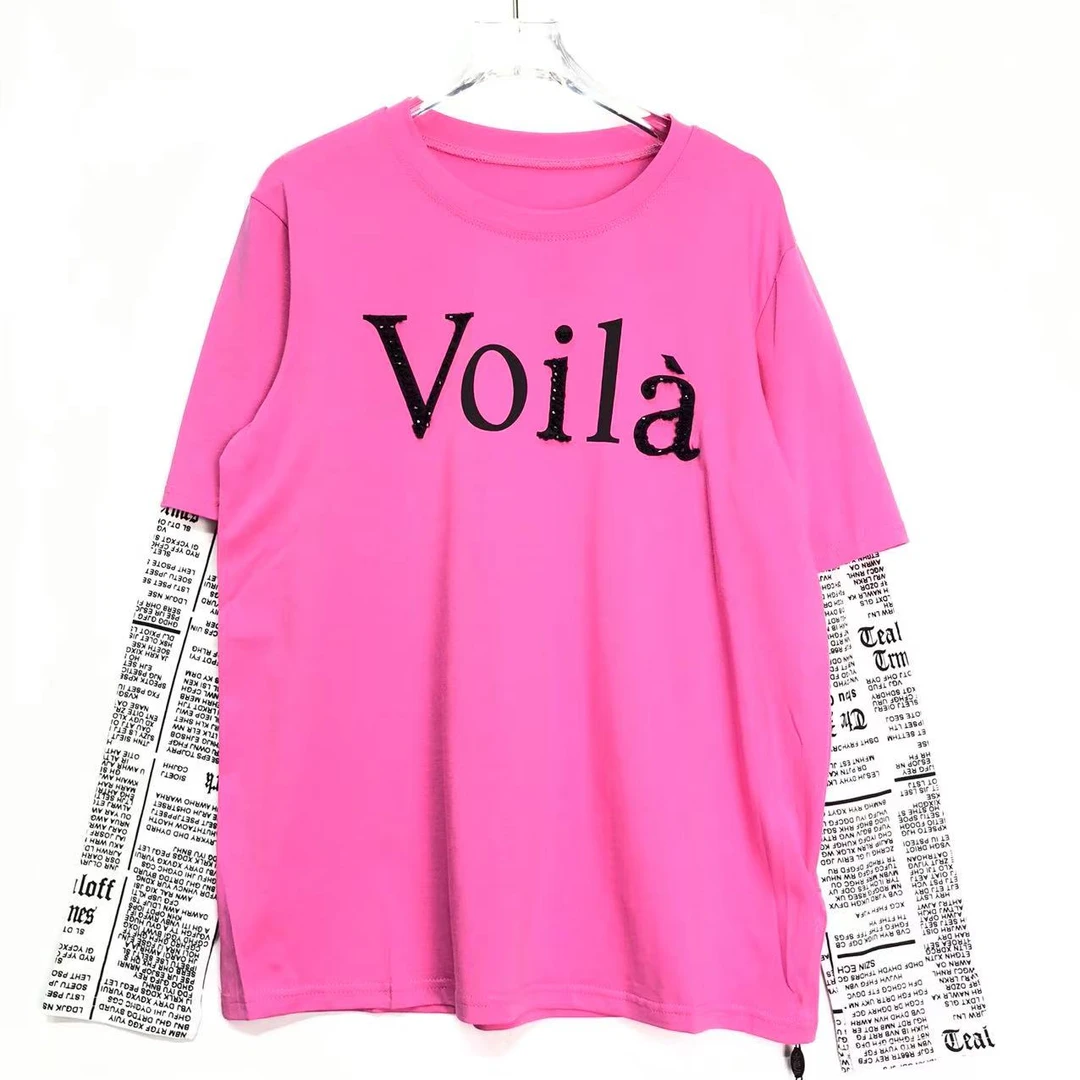 E8807【新款】时尚拼接宽松百搭假两件玫红色上衣