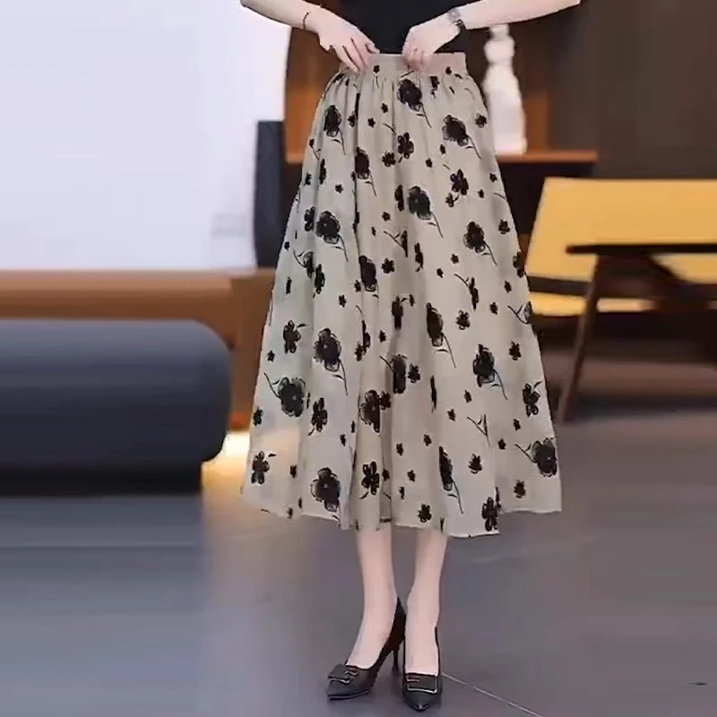 拉夏贝尔2025夏季主推时尚气质淑女风a字裙女高腰显瘦印花伞裙子