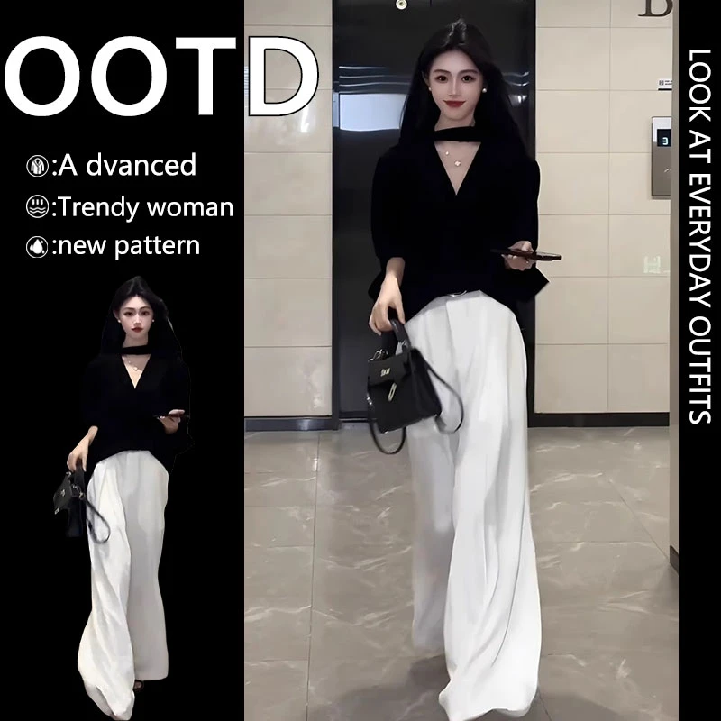 2025夏季新款法式气质高级感黑色长袖上衣高腰阔腿裤时尚两件套女