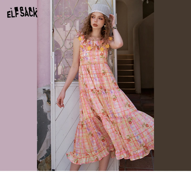 妖精的口袋立体花朵小飞袖连衣裙女2025年夏季新款多巴胺法式长裙