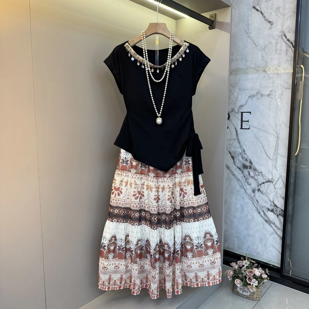2025夏季新款高级感减龄气质波西米亚半裙短袖T恤两件套970