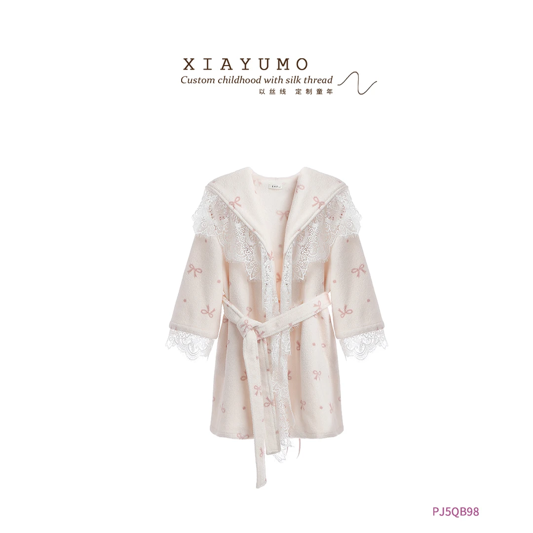 夏羽墨夏季新款粉色双面蝴蝶结法式睫毛蕾丝花边睡袍甜美家居服