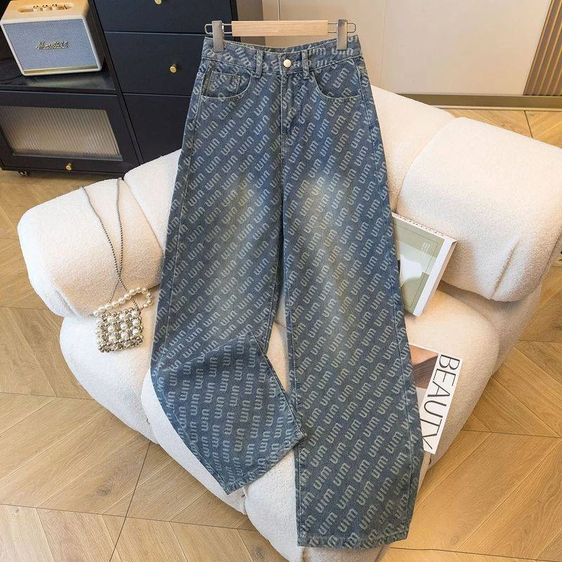 印花直筒拖地牛仔裤女2025年秋冬新款设计感提花字母宽松阔腿裤子