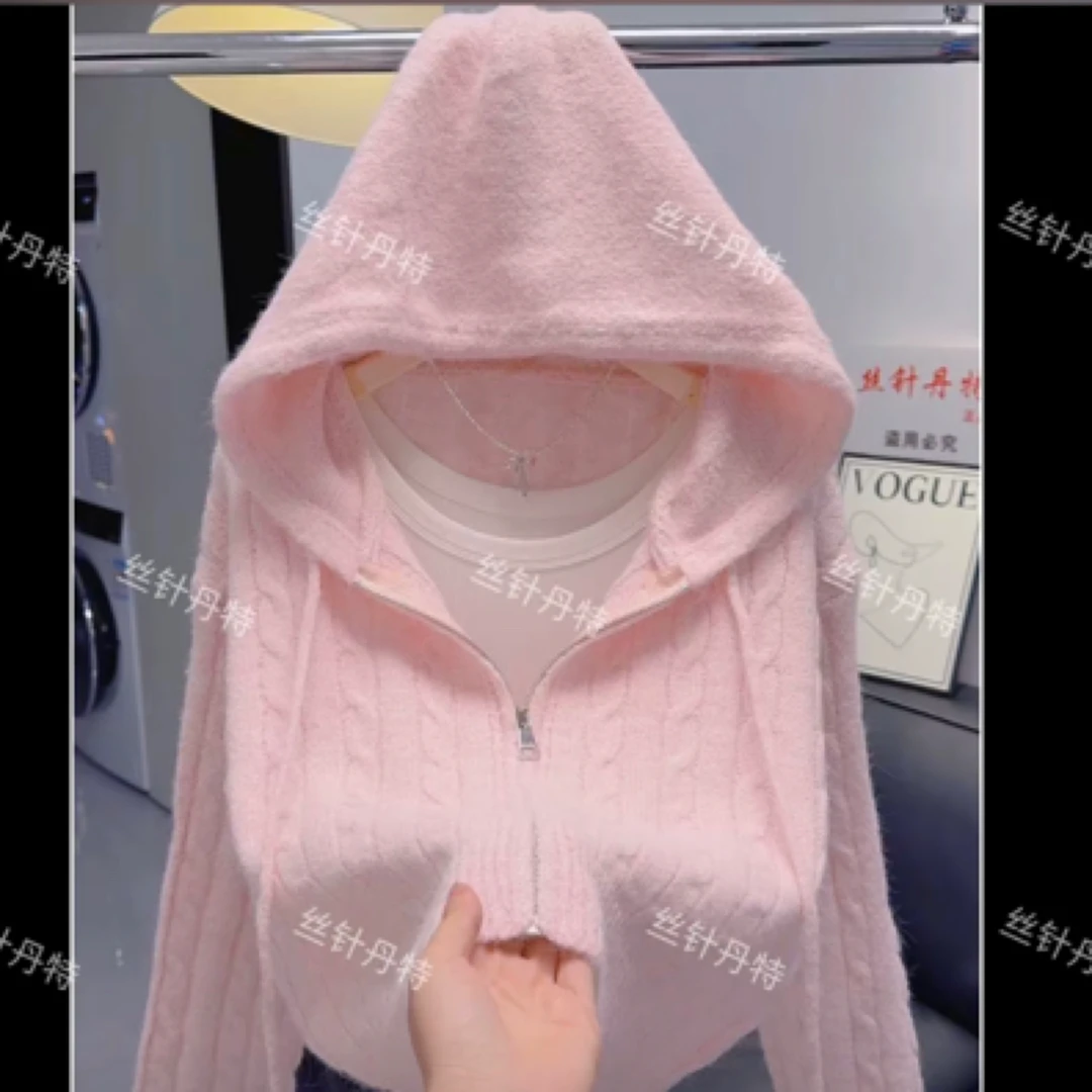 连帽温柔系带针织外套女秋冬新款显瘦拉链开衫毛衣