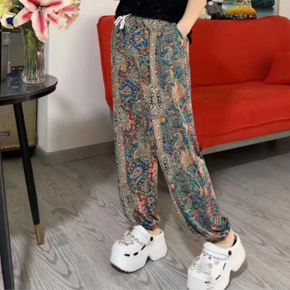 2025-QL女士宽松大码显瘦防蚊超薄款花色九分休闲抖抖裤