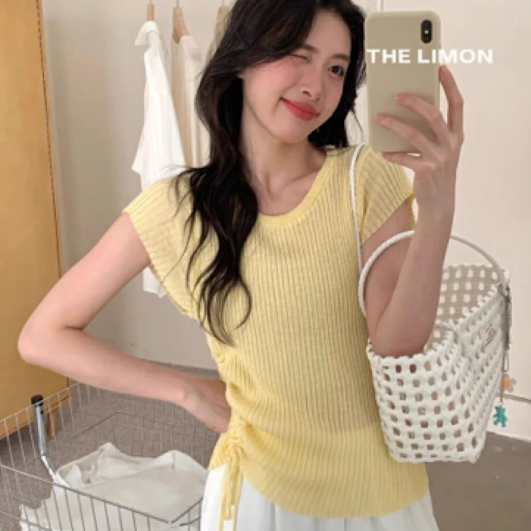 高端欧货大牌蓝色圆领冰丝针织短袖T恤女夏季飞飞袖褶皱坑条上衣