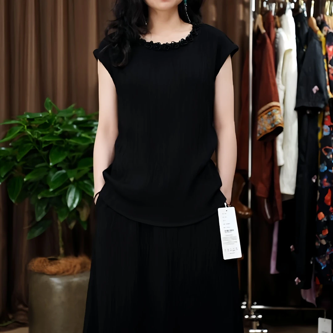 夏季普通圆领无袖短袖常规衬衫打底女士圆领气质黑色套装