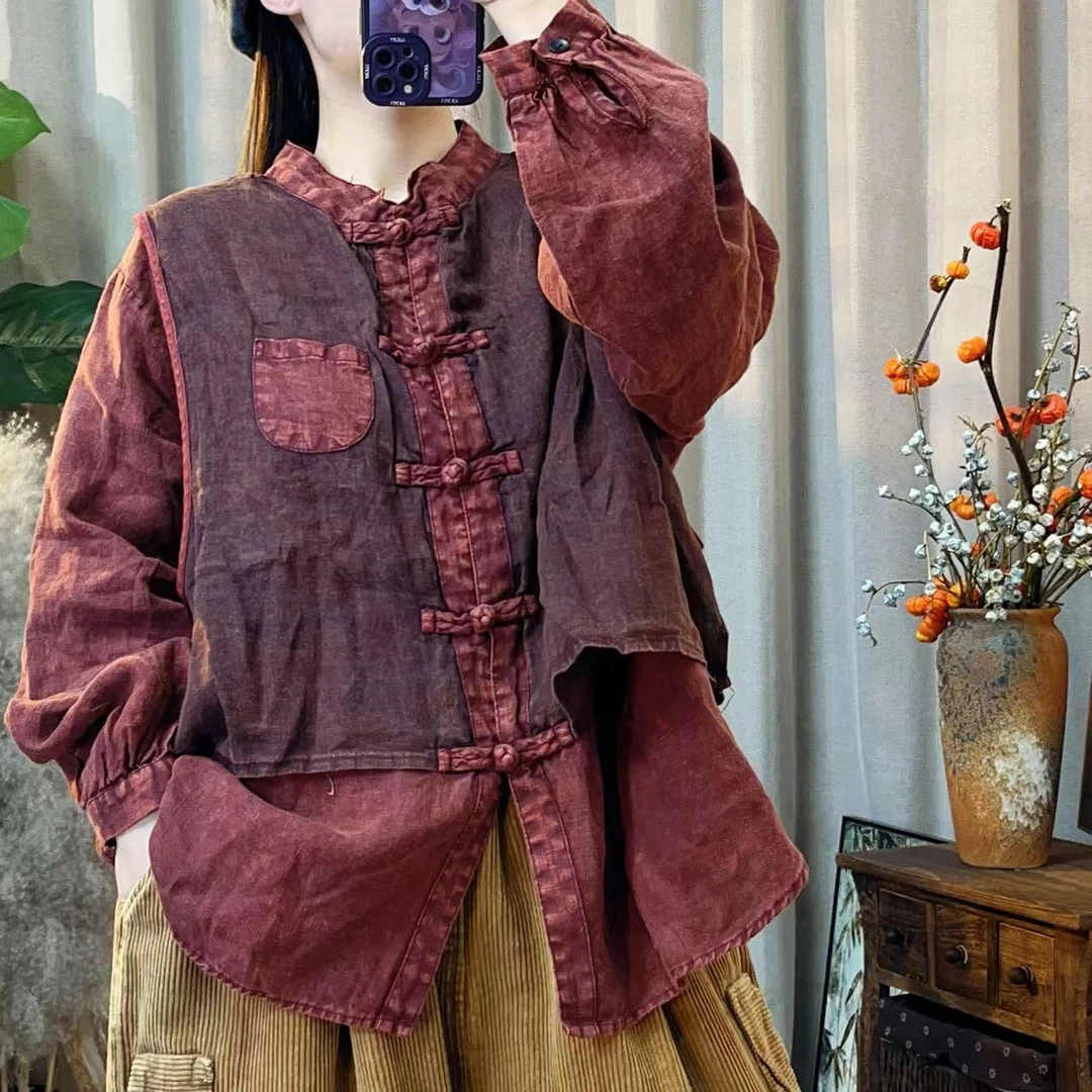 （忆南）原创假两件纯亚麻中襟盘口上衣（衣长70胸围140）