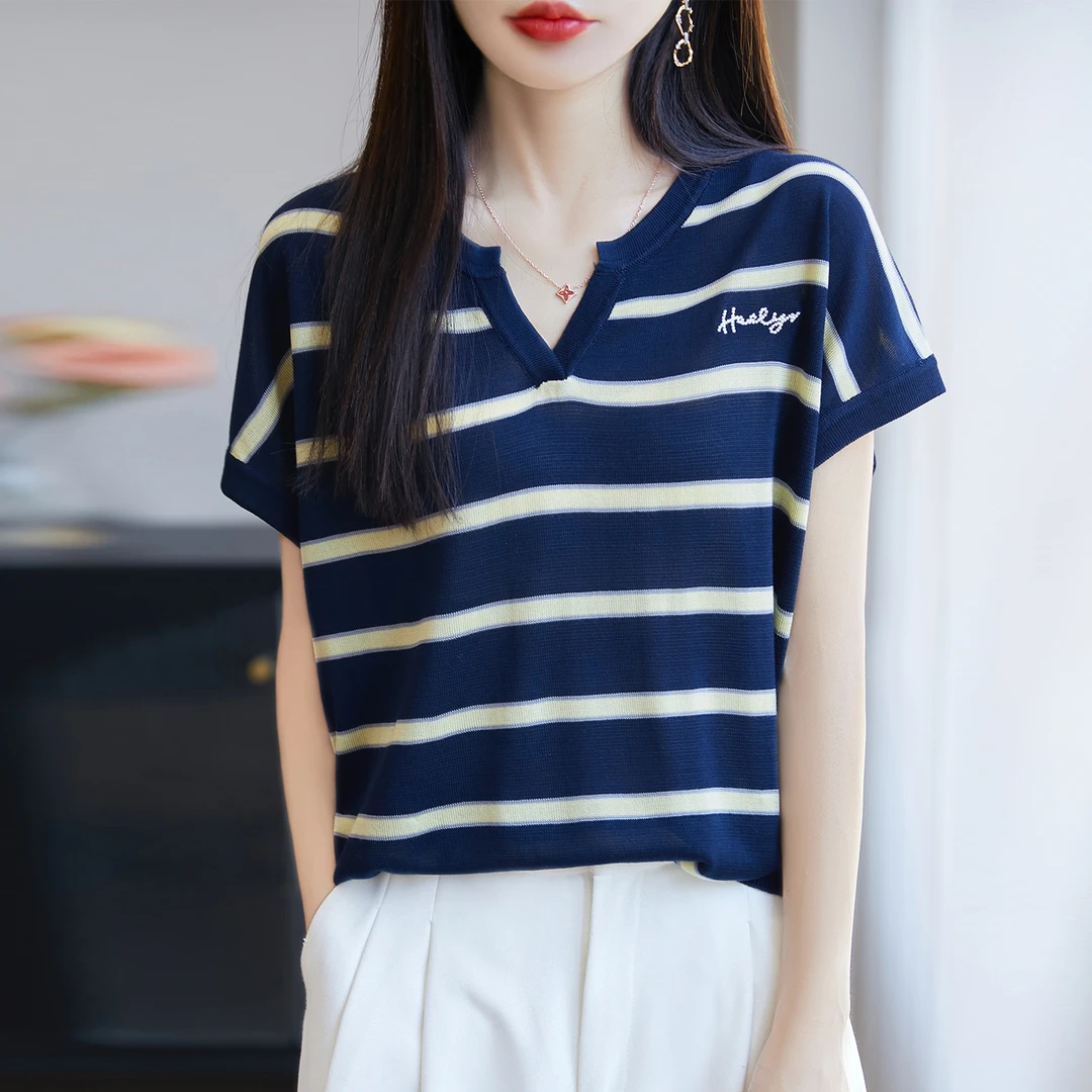 2025新款爆款正品夏季薄款百搭薄款拼接条纹V领毛针织衫宽松女装