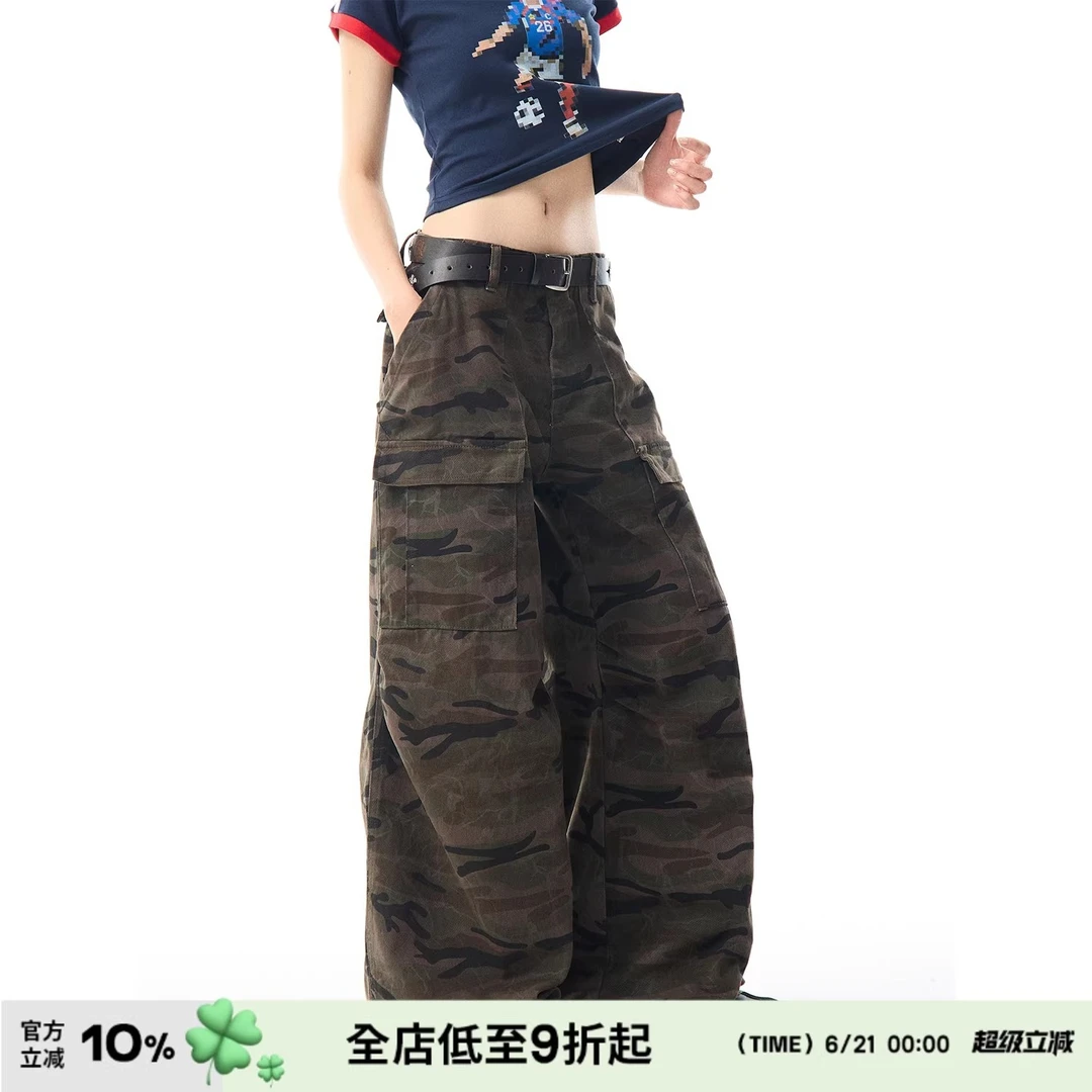 LCLB 美式复古多口袋迷彩工装裤女街头宽松百搭直筒阔腿休闲裤