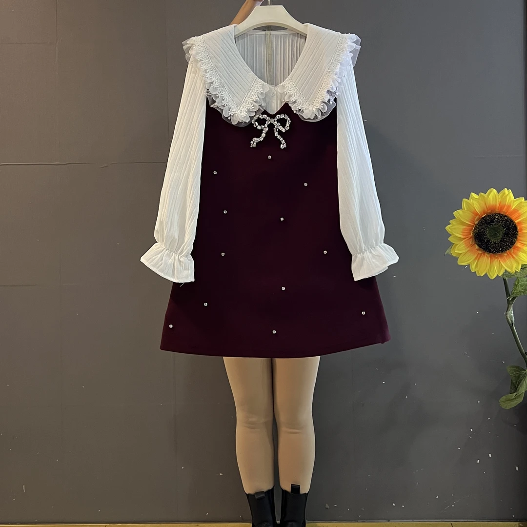 新款时尚蕾丝花边娃娃领衬衫➕水钻蝴蝶结马甲裙洋气减龄两件套