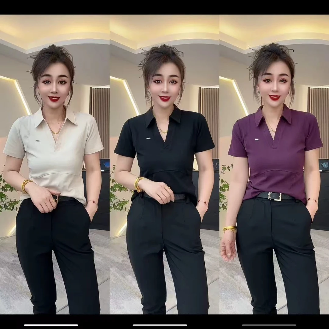 新款气质女士翻领短袖T恤简约洋气时尚百搭减龄纯色显瘦休闲半袖