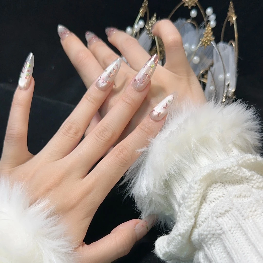 【繁花】高级感裸色高光猫眼美甲法式魔镜手工穿戴甲