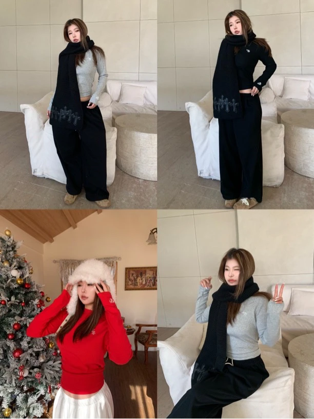 BUYIN ｜袖口字母刺绣打底衫女修身长袖