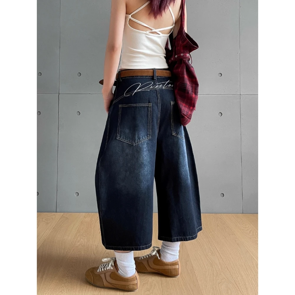 美式复古小众背后刺绣阔腿牛仔裤女2025春夏新款拼接弯刀七分裤子