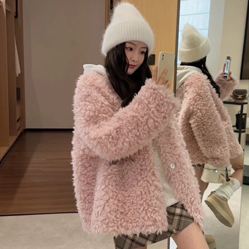 2024冬季新款V领100羊毛外套女宽松廓形休闲百搭大衣加厚短款时尚