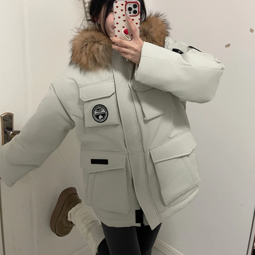冬季新款白鸭绒中长款连帽大毛领保暖羽绒服