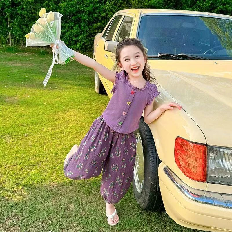紫色童时尚套装夏季2025新款女宝宝洋气薄款夏装小女孩休闲两件套