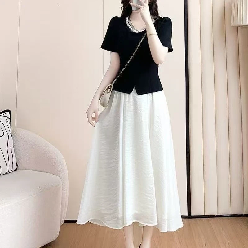 2025夏季时尚法式假两件气质连衣裙新款显瘦遮肉A字裙减龄长裙