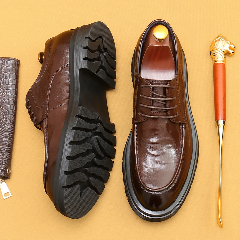 布洛克雕花圆头增高厚底男士皮鞋商务潮流手工男鞋高端英伦德比鞋