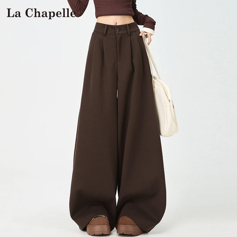 拉夏贝尔咖色毛呢西装裤女秋冬2025新款加厚高级感垂感宽松阔腿裤
