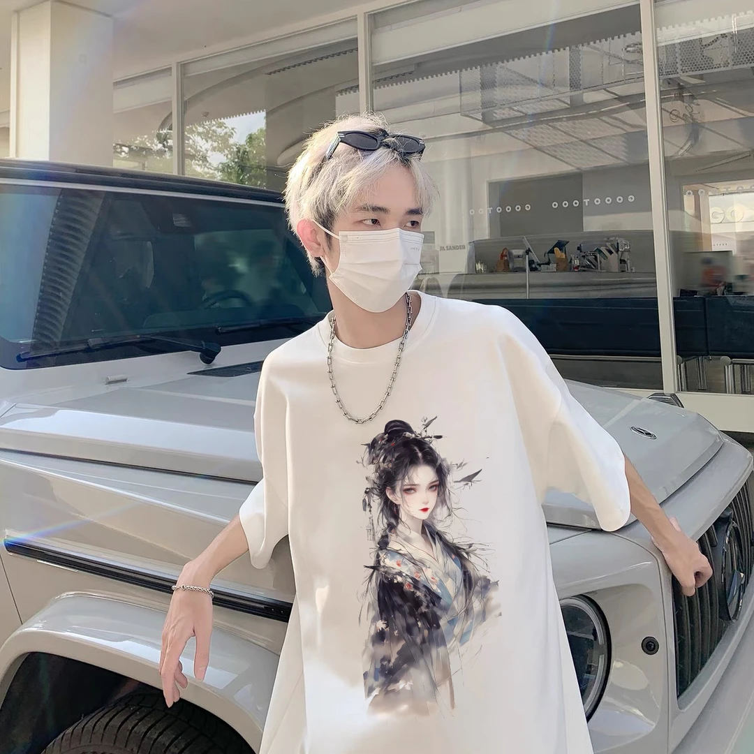 100%重磅纯棉短袖T恤男女同款国风潮酷人物夏宽松流行男装半袖ZN1