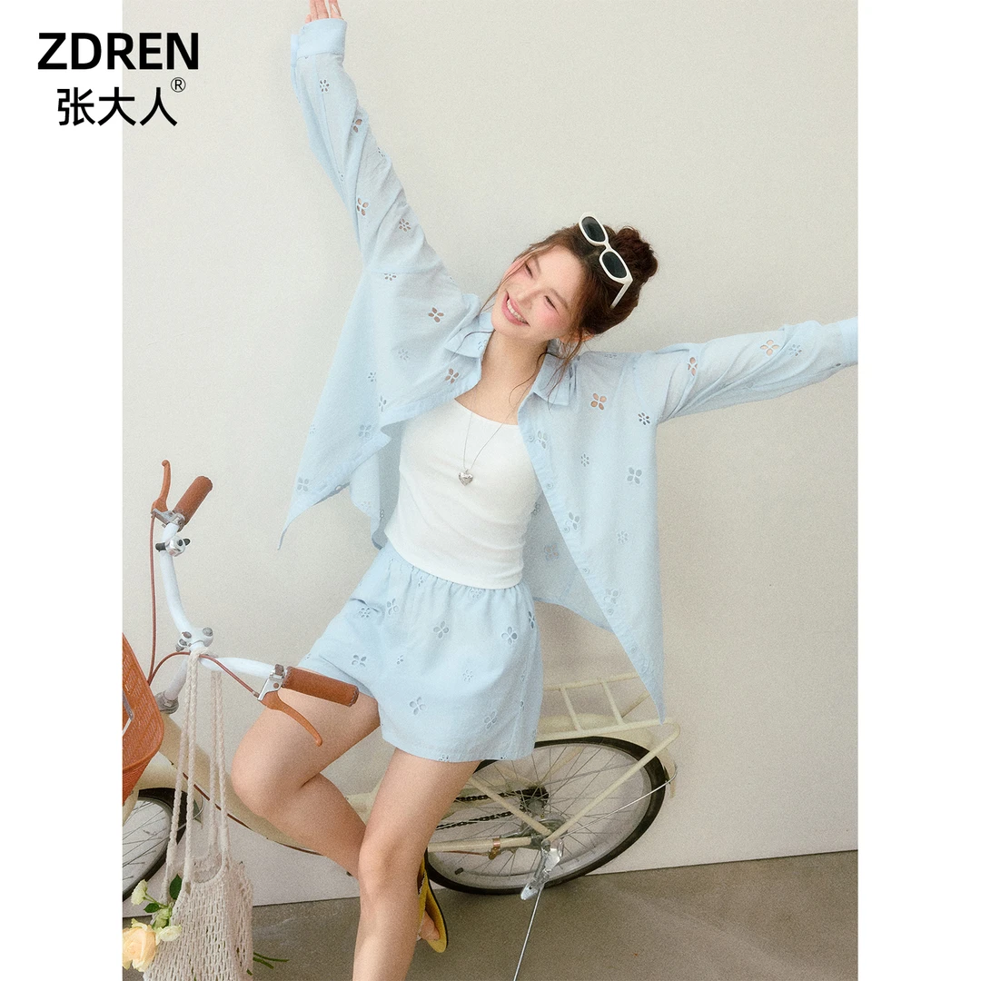 【海风轻拂】大码女装胖妹妹夏日温柔风衬衫高腰短裤法式套装