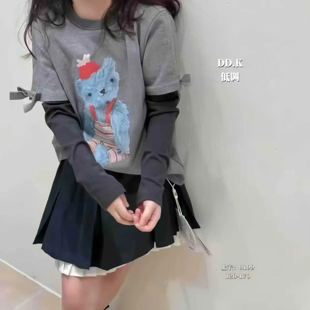 【暖树+】9199深灰拼色小熊长袖T恤  2025秋季新品设计师实体店版本