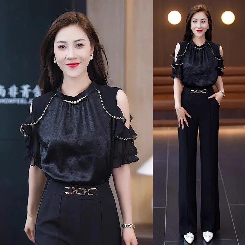 La babite 露肩雪纺衫女短袖2025夏季新款法式小众荷叶边上衣小衫