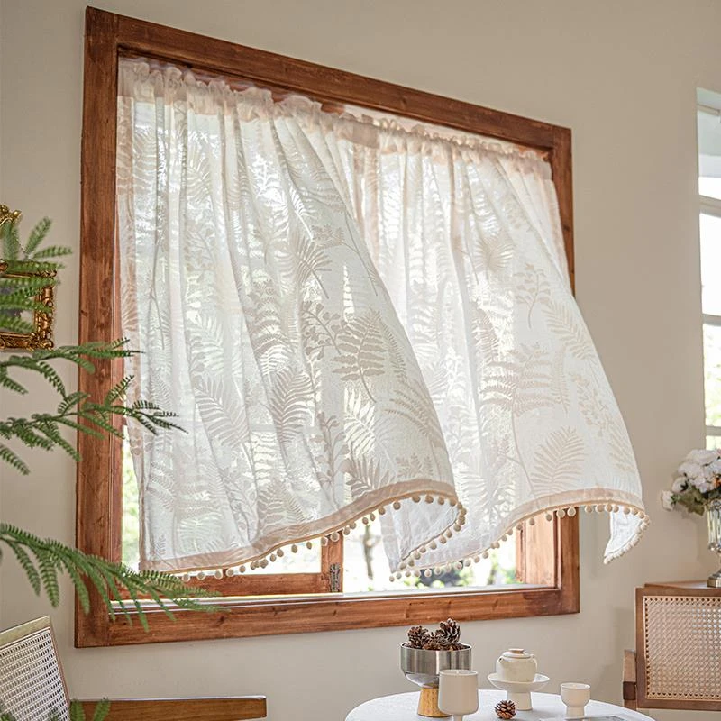 窗帘透光不透人纱帘2025新款蕾丝免打孔安装一整套飘窗白纱遮挡帘