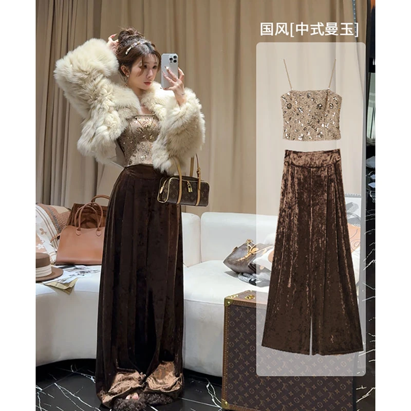 小雨姐姐【中式曼玉】新中式国风吊带+丝绒直筒阔腿裤套装女新款