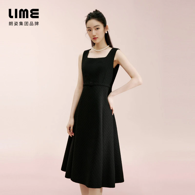 LIME/莱茵【轻悦前行】春季无袖香风浅春系连衣裙黑色LDGB2BWOP301