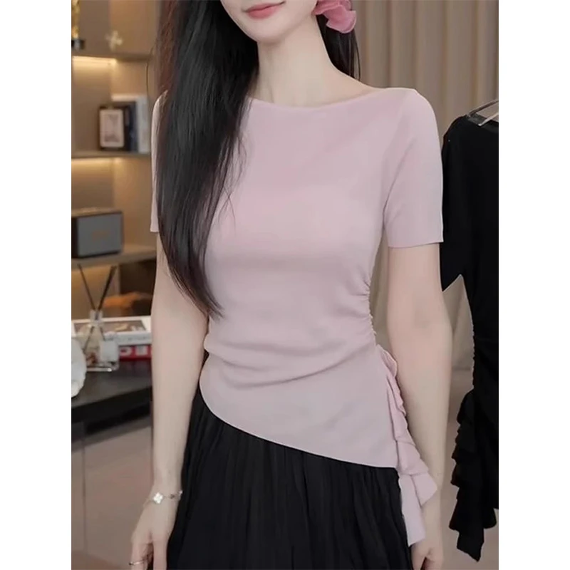 纯欲风气质短袖针织衫2025年夏季新款温柔风甜美显瘦圆领收腰小衫