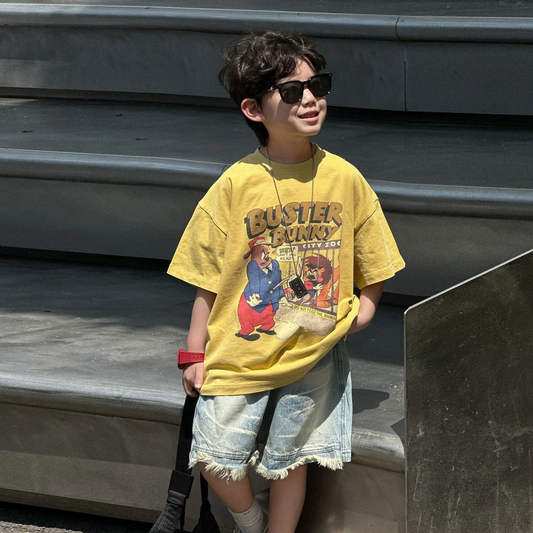 男童夏季纯棉短袖2025新款儿童t恤姜黄色宽松中小童上衣中袖童装T