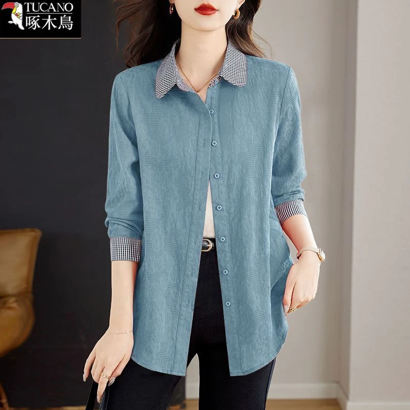 啄木鸟新款大码显瘦衬衫纽扣拼接上衣2025年秋季长袖减龄时尚女装