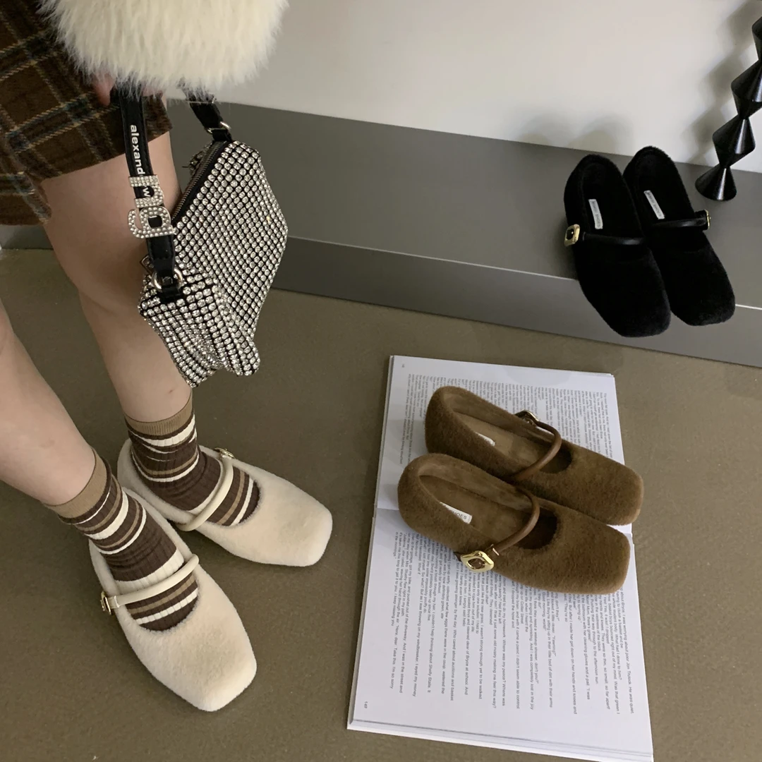圆圆家 D3-1 内增高毛毛鞋女冬外穿单鞋新款韩版法式复古加绒