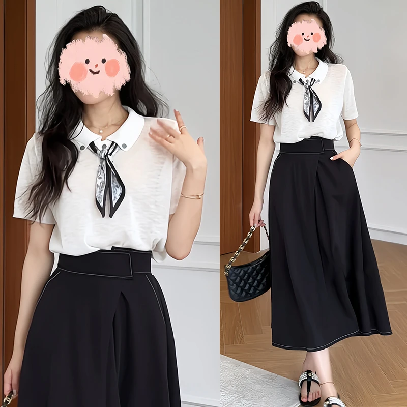 洋气衣服女小众短袖上衣高腰半身裙子套装气质休闲财阀千金女装夏