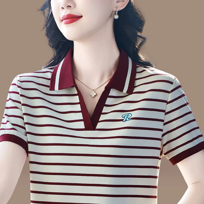 条纹翻领短袖t恤女夏季新款中年妈妈显瘦洋气运动上衣polo衫半袖