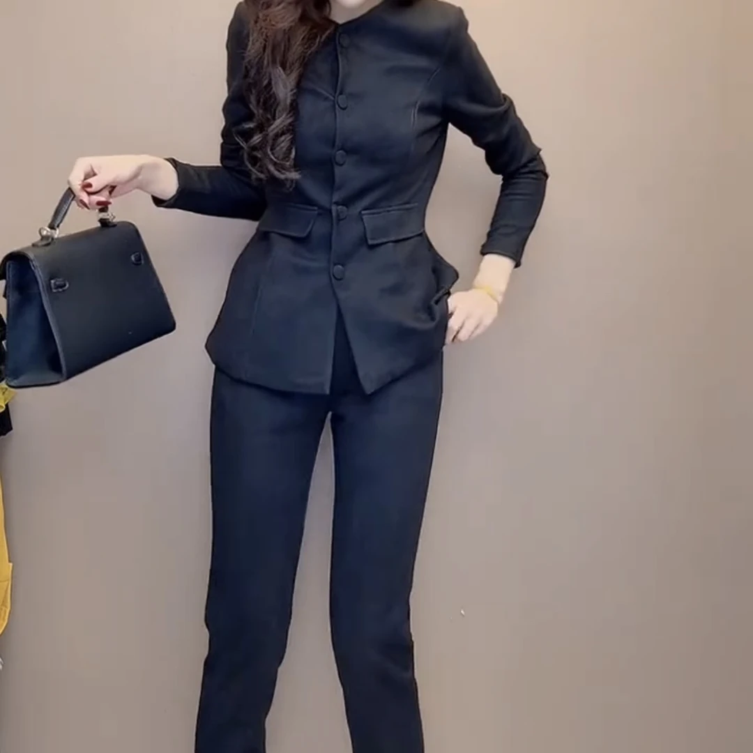 秋季女装减龄显瘦气质时尚百搭长袖西装开衫上衣小脚裤套装