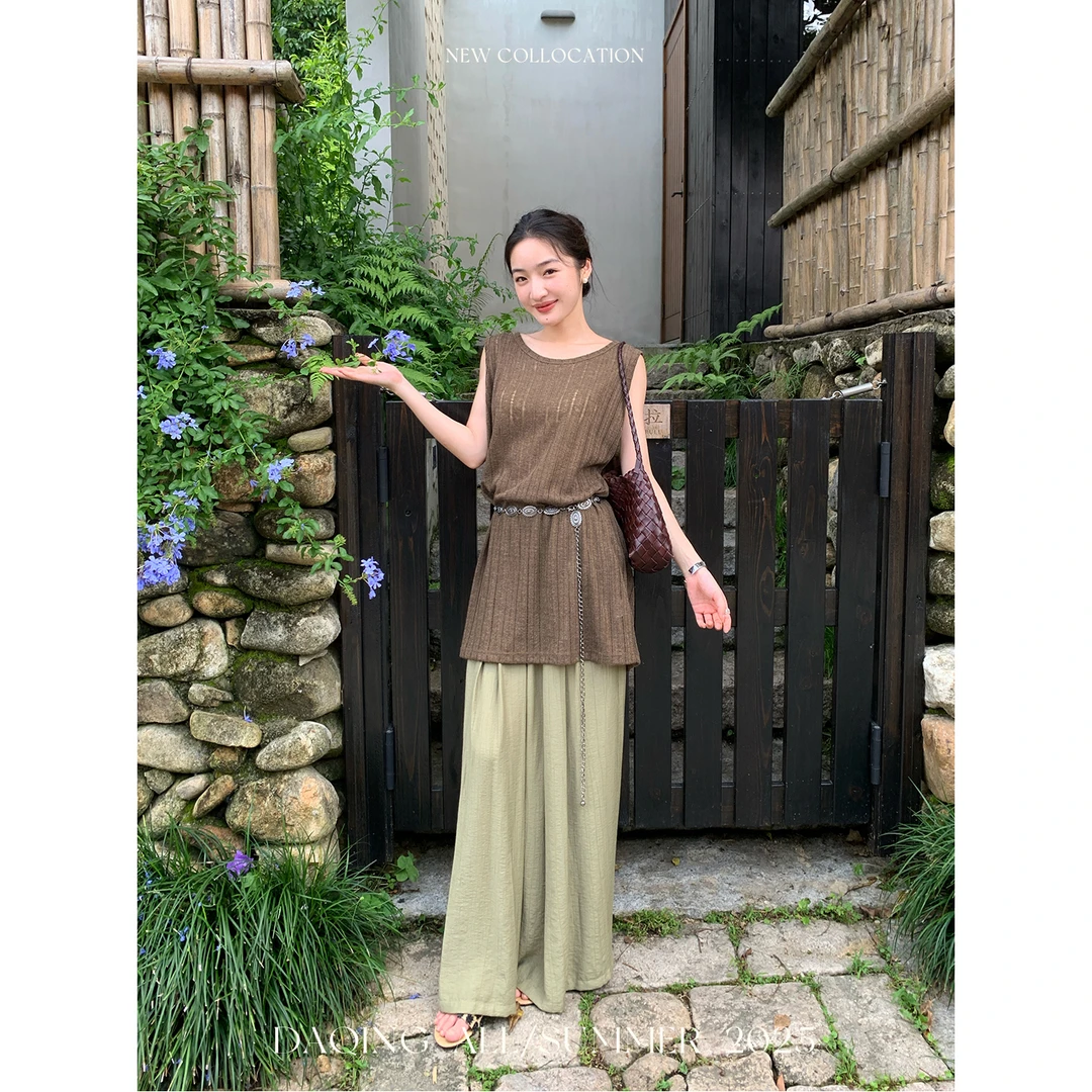 许大晴【茶染】慵懒宽松亚麻垂感松紧腰阔腿休闲裤D9371